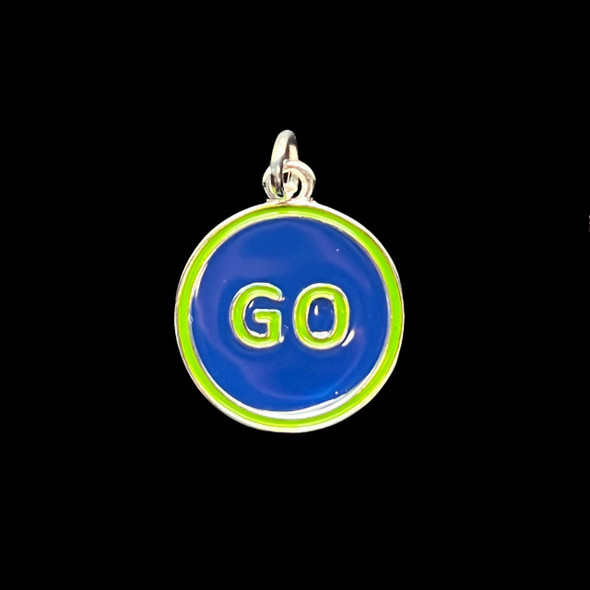 Enamel Charm, Round "GO", Blue & Green, 18mm
