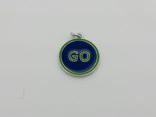 Enamel Charm, Round "GO", Blue & Green, 18mm