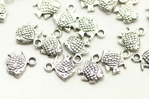 FISH,  Double Sided, 11x10x2mm, Antique Silver Plated (Metal Alloy), approx 63