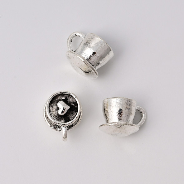 Coffee Cup & Saucer, 10x12mm, Antique Silver Plated Metal Alloy, 7 PCS