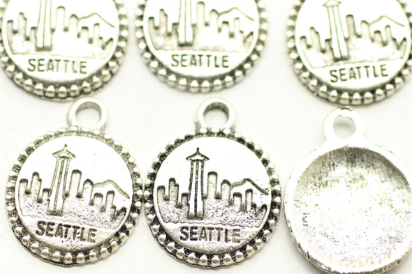 Seattle Skyline on Bottle Cap, 20x16x2mm, Antique Silver Plated Metal Alloy, Approximately 14 per bag