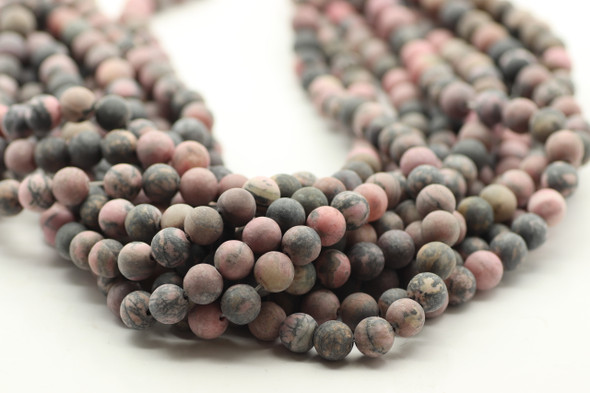 Rhodonite, Black Stripe, Matte, Natural, Smooth Round in sizes 6mm & 8mm. Priced Per Strand