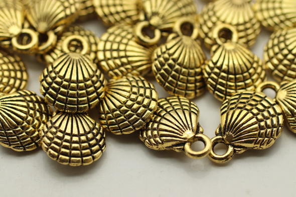 CLAM SHELL, Double Sided, 12x10x3.5mm, Antique Gold Plated (Metal Alloy), approx 24