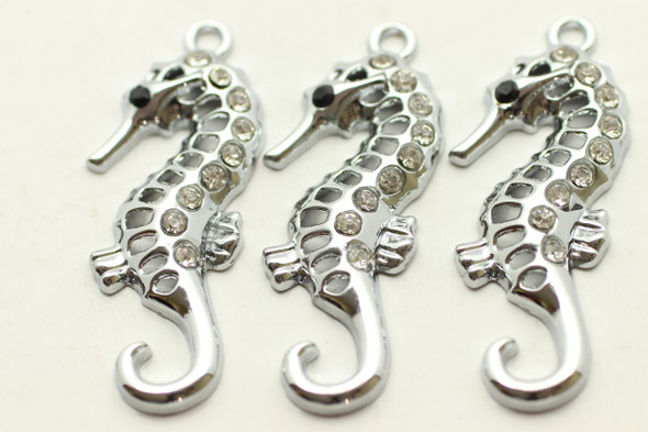 Seahorse, Rhinestone, 32x17mm, Antique Silver Plated (Metal Alloy), 2 per bag