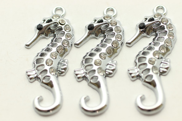 Seahorse, Rhinestone, 32x17mm, Antique Silver Plated (Metal Alloy), 2 per bag