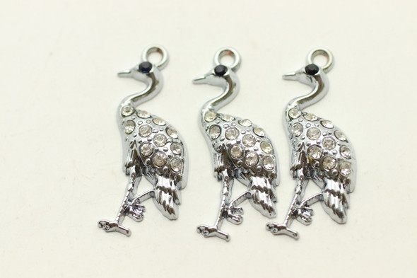 Crane, Rhinestone, 33x19mm, Antique Silver Plated Metal Alloy, 3 PCS