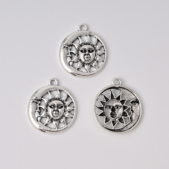 Sun and Moon, 30x26x3mm, Antique Silver Plated Metal Alloy, 5 PCS