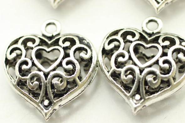 HEART in Heart Charm, Double Sided, 22x20x8, Antique Silver Plated (Metal Alloy), 4 charms per bag