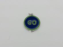 Enamel Charm, Round "GO", Blue & Green, Double Loop, 18mm