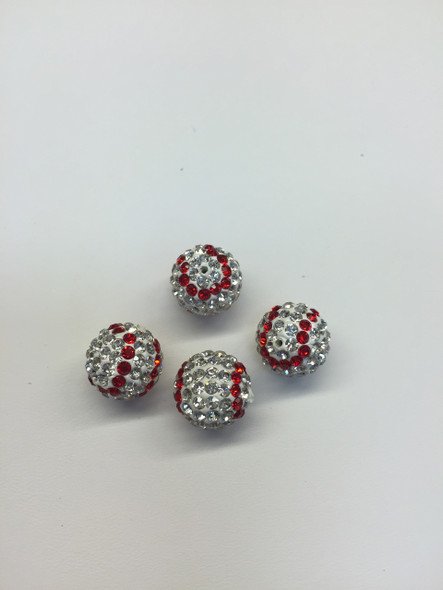 Clear and Red Crystal Baseballs Balls, 12mm, Hole 1mm, 4 PCS