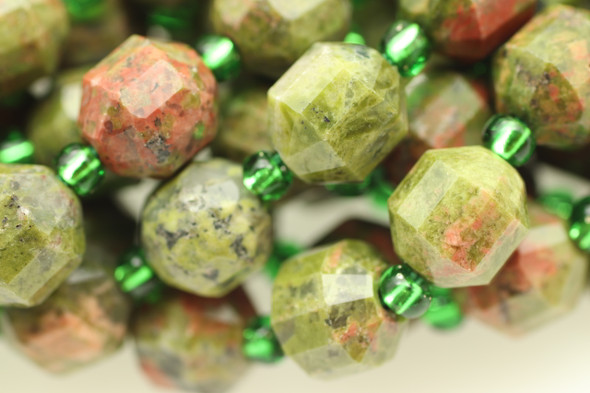 Unakite, Jasper, Natural, Faceted Off Round, 8mm, One Strand