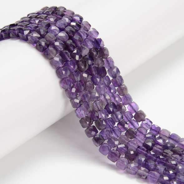 Amethyst, Quartz, Natural, Faceted Cube, 4mm, One Strand