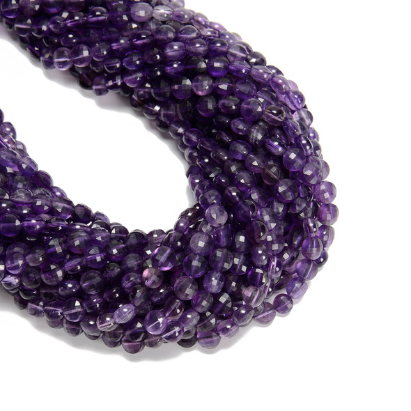 Amethyst, Quartz, Natural, Faceted Coin, 6mm, One Strand