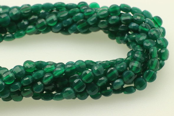 Agate, Green, Dyed, Faceted Coin, 4mm, One Strand