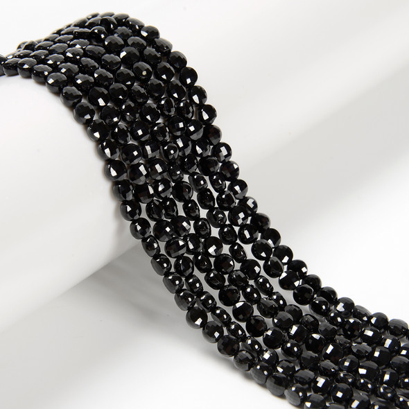 Black Spinel, Natural, Faceted Coin, 4mm, One Strand