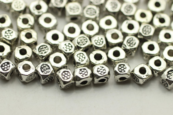 BEAD, Octagon with Design, 3x4mm,  Antique Silver Plated (metal alloy), approx 190 per bag