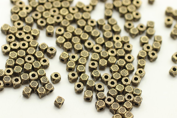 BEAD, Octagon with Design, 3x4mm,  Antique Bronze (metal alloy), approx 190 per bag