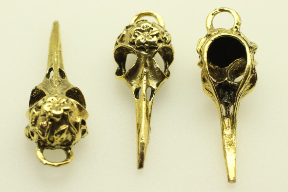 Floral Bird Skull, Double Sided, 41x13x11mm, Antique Gold Plated (Metal Alloy), approx 3 per bag