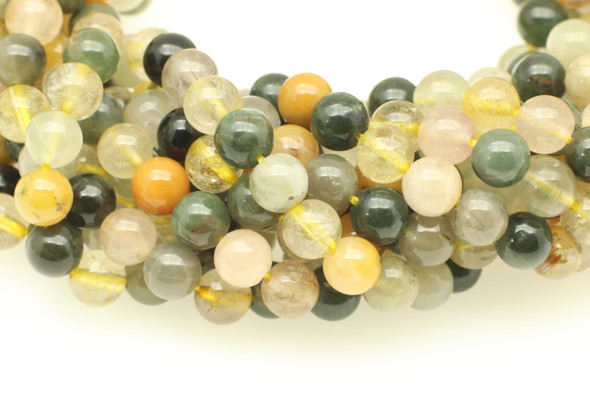 Rutilated Quartz, Yellow & Grey Mix, Natural, Smooth Round Beads, 6mm