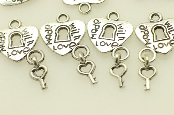Heart Lock with Key Dangle, "Made with Love" , Antique Silver (Metal Alloy), 22.5x11mm, approx. 37