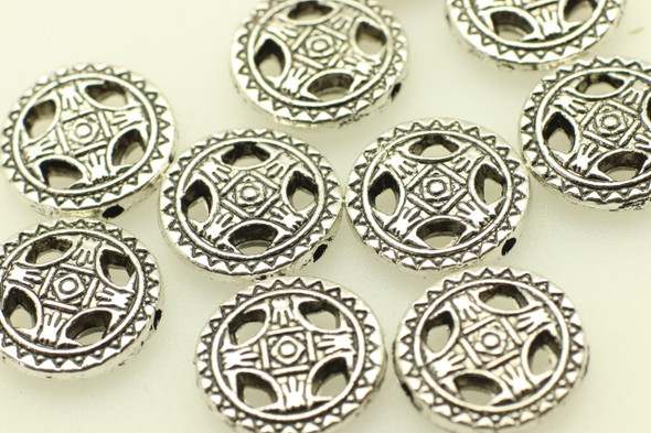 Aztec Wheel Bead, 14mm, Antique Silver Metal Alloy, approx. 16 PCS