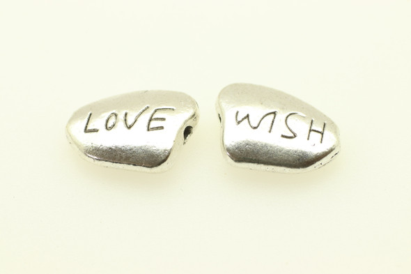 Word Nugget "Love" one side "Wish" other side, Antique Silver (Metal Alloy), 17x13mm,  approx. 7