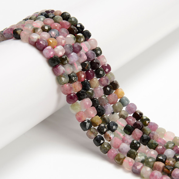 Tourmaline, Mixed, Natural, Faceted Cube, 6mm, One Strand