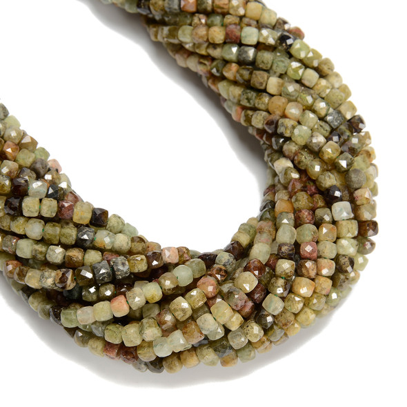 Garnet, Green, Natural, Faceted Cube, 4mm, One Strand