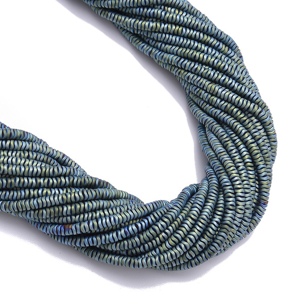 Green, Matte, Hematite, Wavy Spacer, Manmade, One 4x1mm Strand