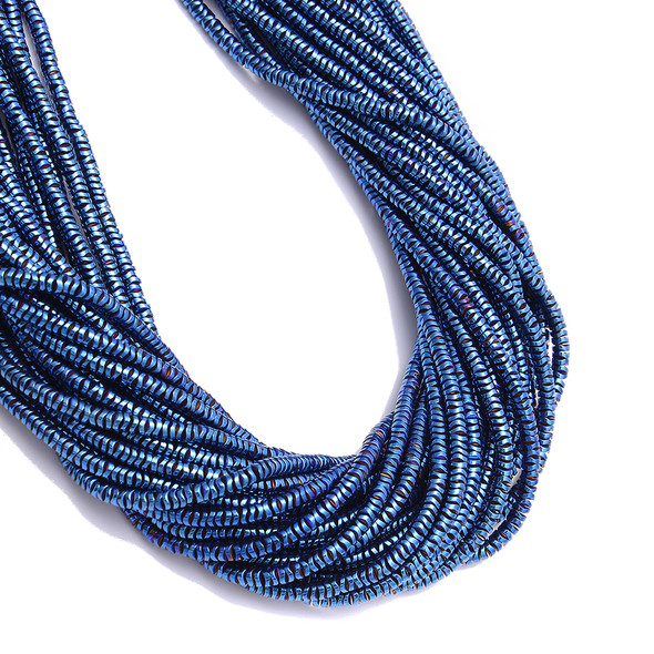 Blue, Shiny, Hematite, Wavy Spacer, Manmade, One 4x1mm Strand