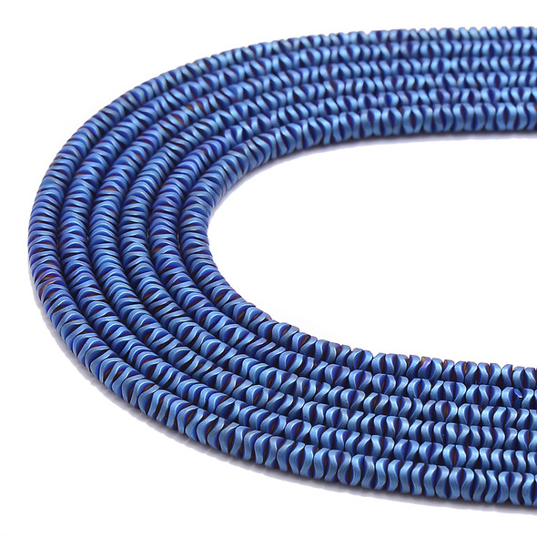 Blue, Matte, Hematite, Wavy Spacer, Manmade, One 4x1mm Strand