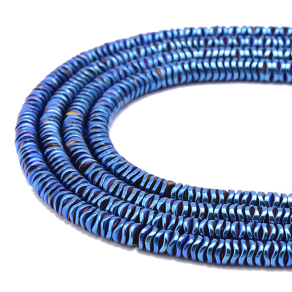 Blue, Shiny, Hematite, Wavy Spacer, Manmade, One 6x1mm Strand