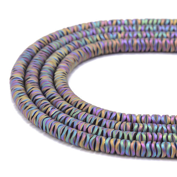 Multicolor Rainbow, Matte, Hematite, Wavy Spacer, Manmade, One 6x1mm Strand