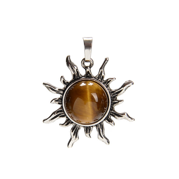 Tiger Eye, Brown, Natural, Sun Shape Pendant, 38x34mm