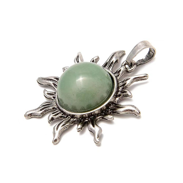 Aventurine, Quartz, Green, Natural, Sun Shape Pendant, 38x34mm