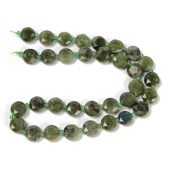 Jade, Green, Nephrite, Natural, Faceted, Hexagon Coin, One 10mm Strand