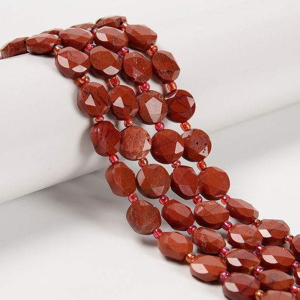 Red Jasper, Natural, Faceted, Hexagon Coin, One 10mm Strand