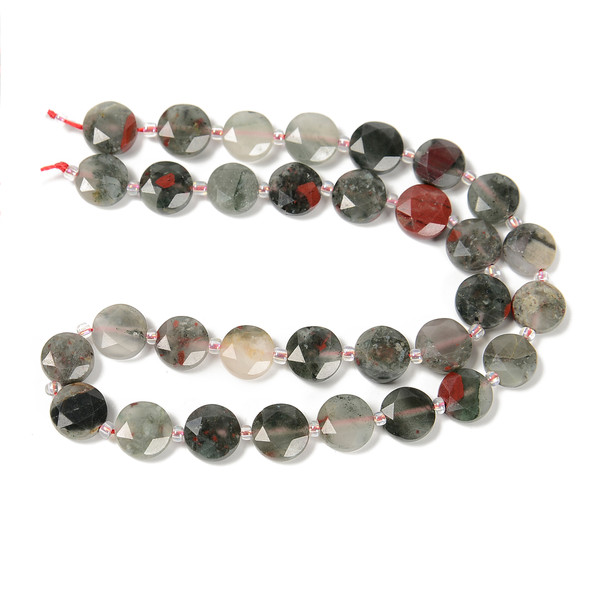 Bloodstone, Natural, Faceted, Hexagon Coin, One 10mm Strand