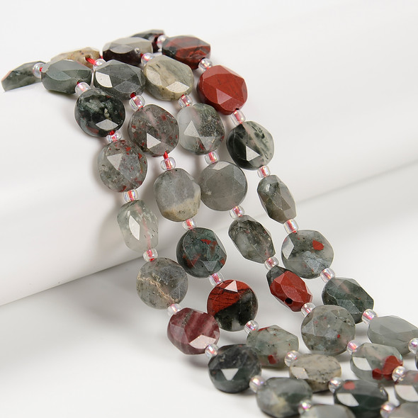 Bloodstone, Natural, Faceted, Hexagon Coin, One 10mm Strand