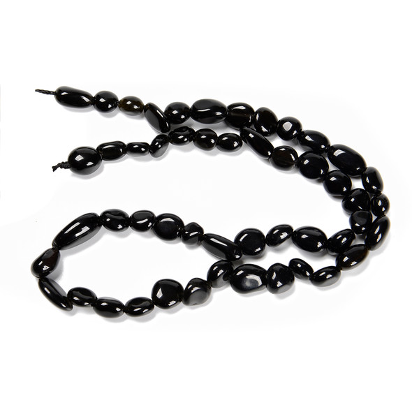 Obsidian, Black, Natural, Smooth, Nuggets, Varied Sizes, One 8-10mm Strand