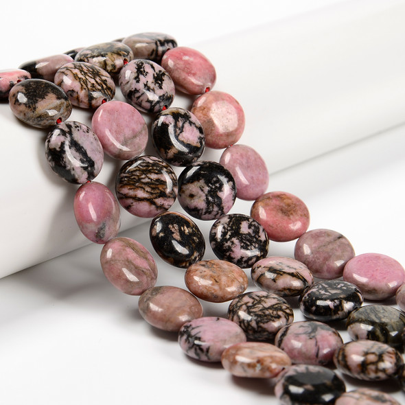 Rhodonite, Black Stripe, Natural, Smooth Coin, One 15mm Strand