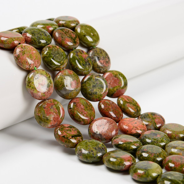 Unakite, Natural, Smooth Coin, One 15mm Strand