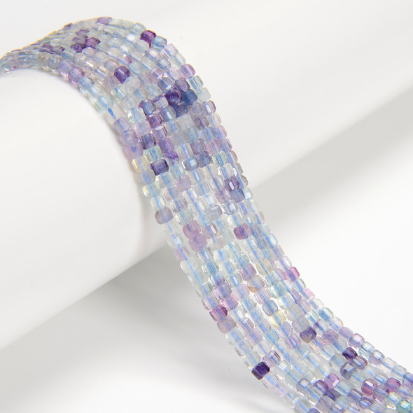 Fluorite, Purple Mixed, Natural, Faceted Mini Cube, One 2.5mm Strand