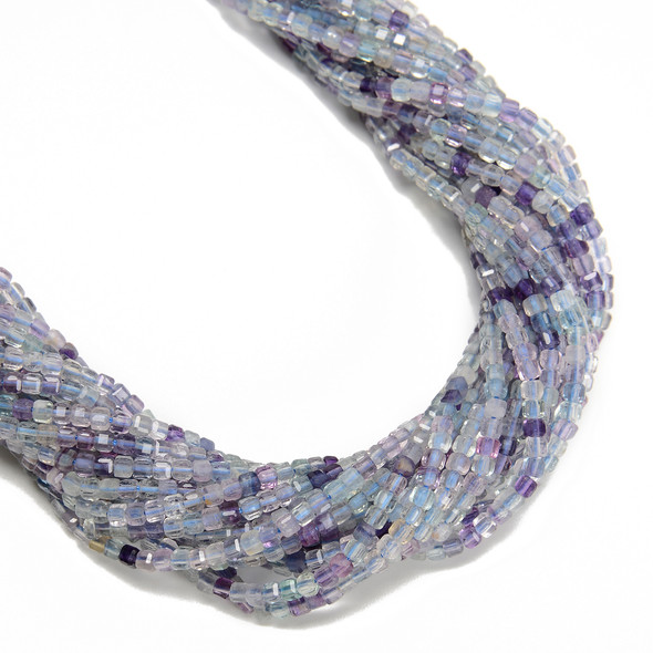 Fluorite, Purple Mixed, Natural, Faceted Mini Cube, One 2.5mm Strand