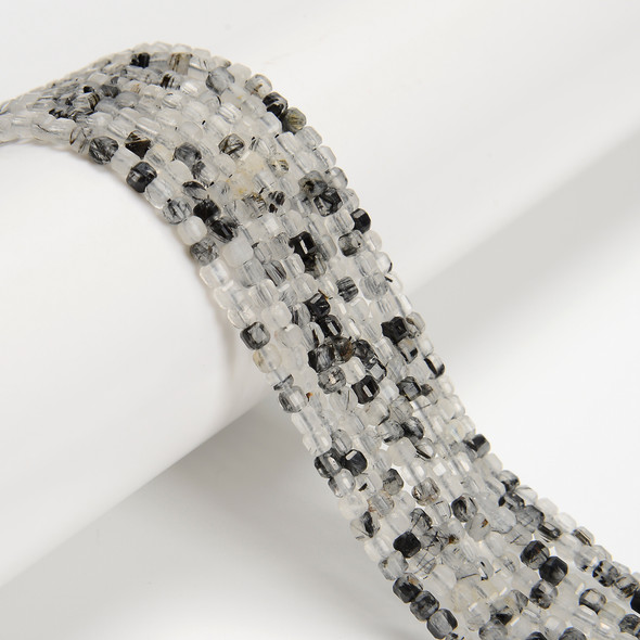 Rutilated Quartz, Black, Natural, Faceted Mini Cube, One 2.5mm Strand