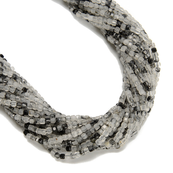 Rutilated Quartz, Black, Natural, Faceted Mini Cube, One 2.5mm Strand