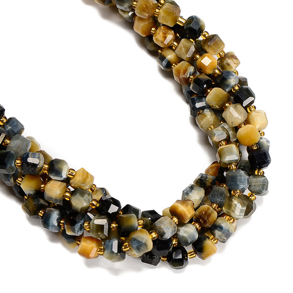 Tiger's Eye, Golden & Blue, Heated, Fancy Faceted Cube Beads, One 6mm Strand