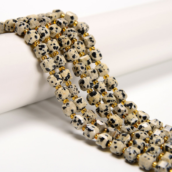 Dalmatian Stone "Jasper", Natural, Fancy Faceted Cube Beads, One 6mm Strand