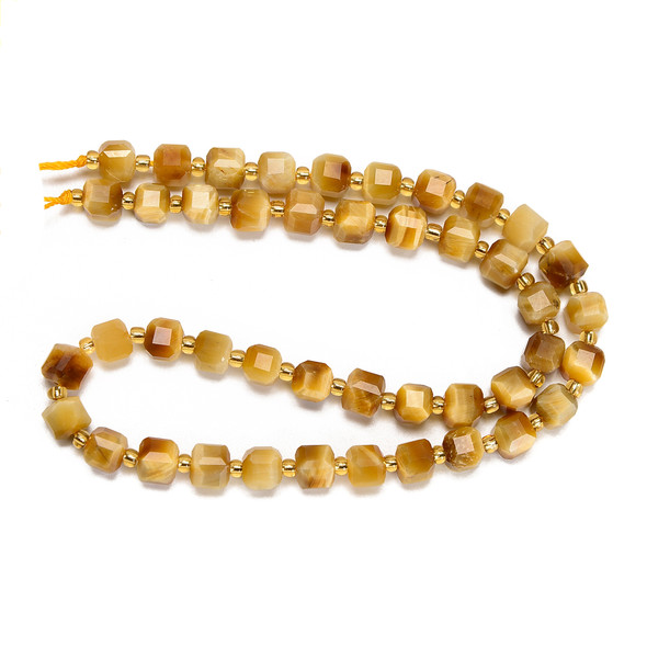 Tiger's Eye, Golden, Heated, Fancy Faceted Cube Beads, One 6mm Strand
