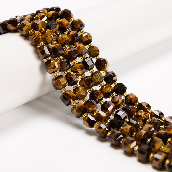 Tiger's Eye, Natural, Fancy Faceted Cube Beads, One 6mm Strand
